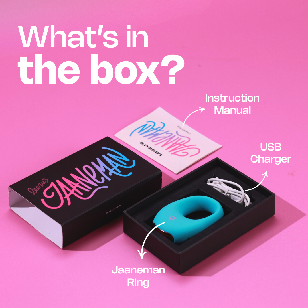 Jaaneman ring packaging with ring, USB charger, and instruction manual on a pink background
